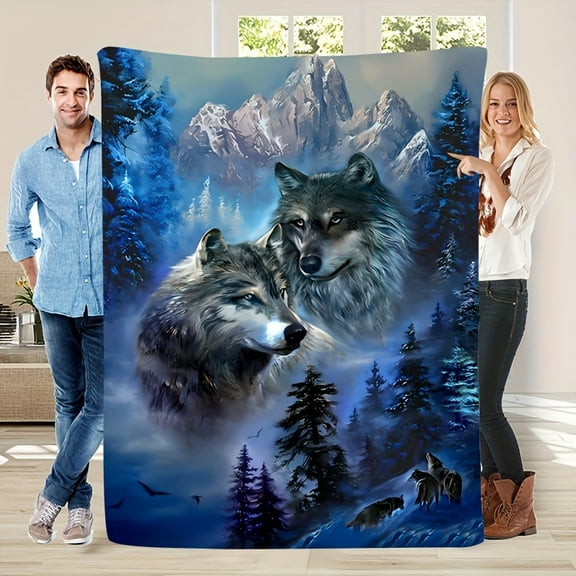1pc Comfortable Forest Guardian Wolf King Fleece Theme Pattern Print Blanket, Fashionable, Soft and Warm, Suitable for All Seasons as a Multifunctional Gift