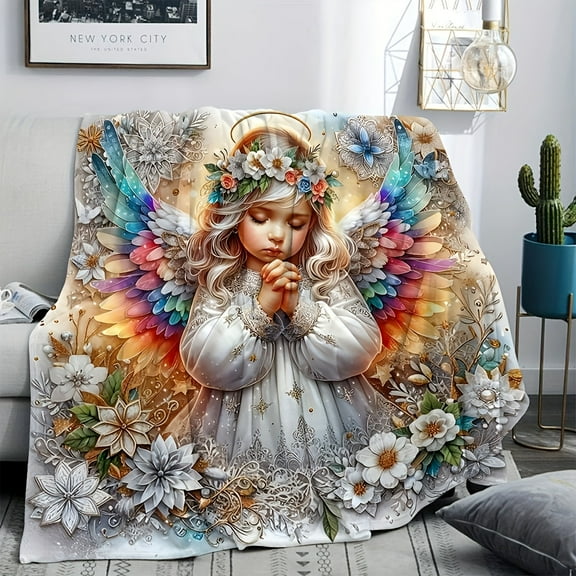 1pc Contemporary Angel Girl Soft Flannel Blanket with Colorful Wing Patterns - Lightweight Warm All-Season Throw for Sofa, Bed, Travel - Machine Washable Digital Print Gift for Family & Friends