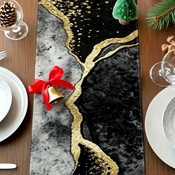1pc Contemporary Black Grey Gold Marbling Table Runner, Family Commercial Holiday Decor, Stylish Table Linen Gift Thanksgiving Christmas