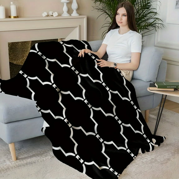 1pc Contemporary Black and White Geometric Pattern Polyester Throw Blanket - All Seasons Multipurpose Knit Fabric with Digital Print