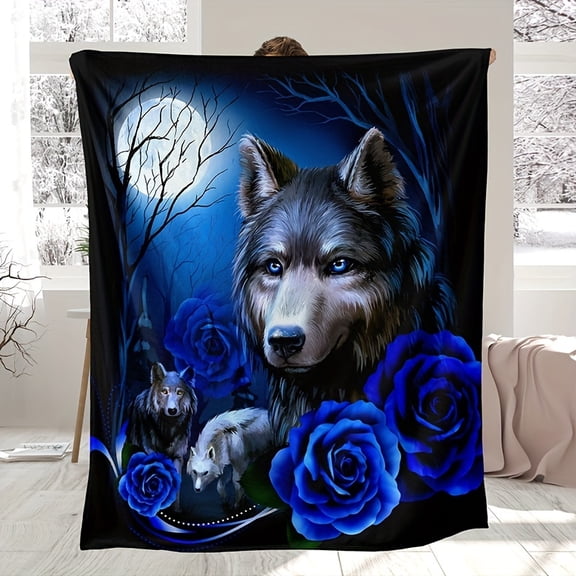 1pc Contemporary Blue Wolf and Rose Floral Design Heavyweight Flannel Blanket, All-Season Cozy Throw for Home Decor, Decorative Throw | Mystical Animal Theme | Detailed Craftsmanship, Cute Blanket