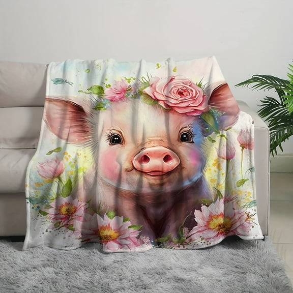 1pc Contemporary Digital Printed Fleece Throw Blanket, Cute Pig Pig Element, Reversible, All Seasons, Polyester 100%, 250-300 g/㎡, Machine Wash
