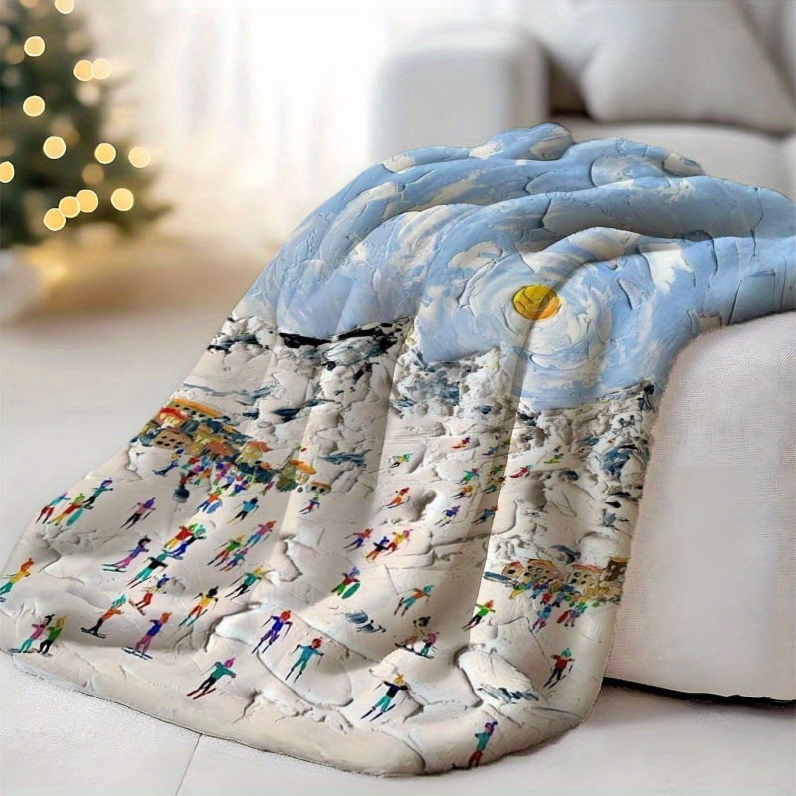 1pc Contemporary Flannel Blanket - Dynamic Skiing Scene with Snow-Capped Peaks & Colorful Skiers, All-Season Soft Warmth, Vibrant Mixed Colors, Perfect Gift for Birthdays, Holidays, Home Decor, Artis