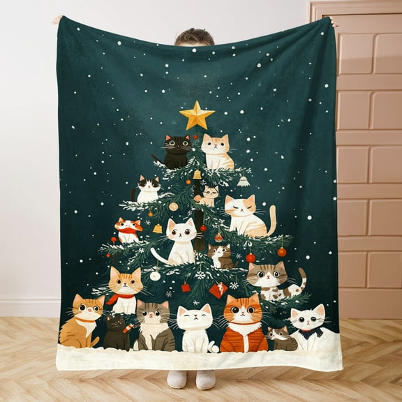 1pc Contemporary Flannel Throw Blanket, Soft, Lightweight, All-Season Cozy Knitted Polyester Throw, with Christmas Cat Tree Design, for Bed, Sofa, Office, Camping, Travel