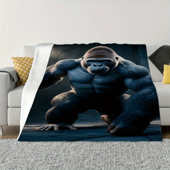 1pc Contemporary Gorilla Print Fleece Blanket, Soft and Warm Flannel Throw for Sofa, Bed, Car, Camping, Travel Gift, All-Season Multi-Purpose, Polyester Knit, Digital Print, Mixed Colors, 70x100cm