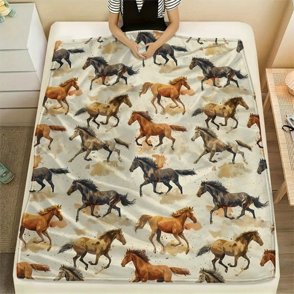 1pc Contemporary Horse Print Flannel Throw Blanket - Soft Cozy Sherpa Fleece Blanket for Men and Women, Ideal for Bed, Sofa, Chair, Living Room Decor, All Seasons