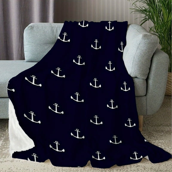1pc Contemporary Nautical Anchor Pattern Knitted Polyester Throw Blanket, Digital Print, 200-250gsm, Versatile All-Season Lightweight Warmth, for Living Room, Nap, Bed, Outdoor Use