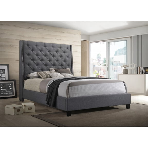 Queen Size Upholstered Bed with Button Tufting and Nailhead Trim, Gray Finish for Bedroom