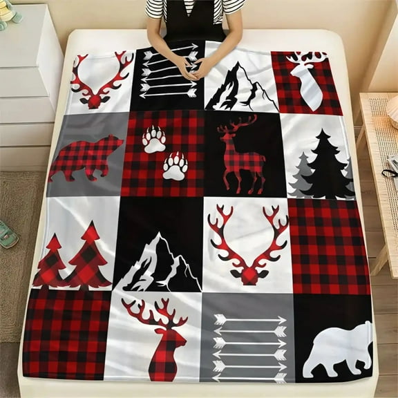 1pc Contemporary Red & Black Buffalo Plaid Christmas Throw Blanket with Reindeer, Geometric Trees, Bear & Snowman Designs - Soft & Warm Digital Print Flannel, All Seasons, Knitted Polyester, 200-250g