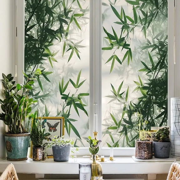 1pc, Contemporary Style Bamboo Forest Leaves Window Decal, 17.72x39.37inch, Polyvinyl Chloride, Static Cling, 5mil Thickness, Double-Sided Printing, Material, Single Use