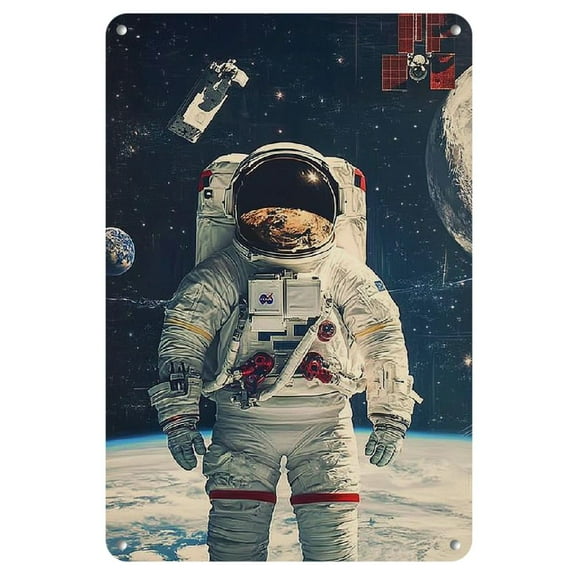 1pc Cosmic Explorer Space Adventure Metal Tin Sign, 8x12 Inch Vintage Style Astronaut and Planetary Landscape Wall Art, Frameless Decor for Living Room, Bedroom, and Home Office