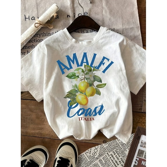 1pc Cotton Amalfi Coast Italy Graphic Print Women's Casual Short Sleeve Crew Neck T-Shirt for All Seasons