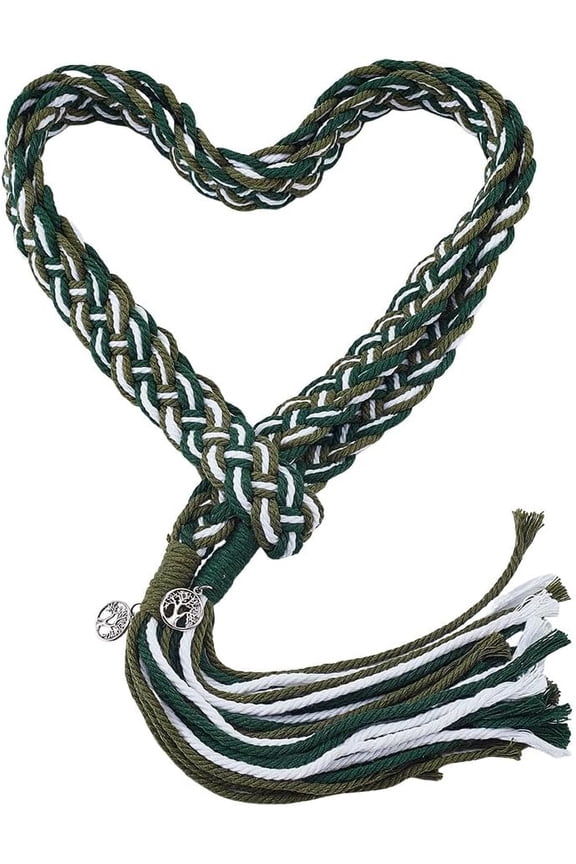 1pc Cotton Cord Wedding Lasso Chains with Alloy Flat Round with Tree Pendants Silver Dark Green 1870mm