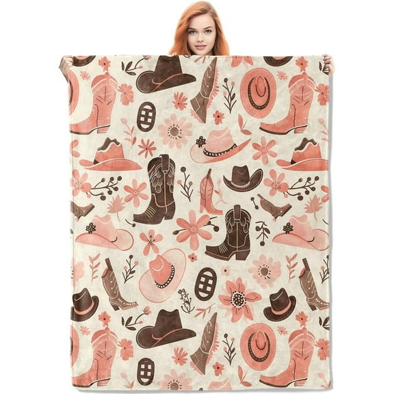 1pc Cowboy Blanket Women Gift, Western Hat And Boots Pattern Flannel Blanket, Soft Warm Lightweight Blanket for Bed Sofa Home Travel Decoration