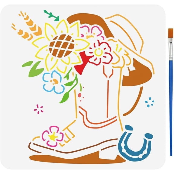1pc Cowboy Boots Pattern Stencil for Painting 11.8x11.8 inch Hollowed Western Cowboy Template with Brush Sunflower Stencil Reusable Horseshoe Flowers Hat Stencil Western Theme Template Colorful DIY