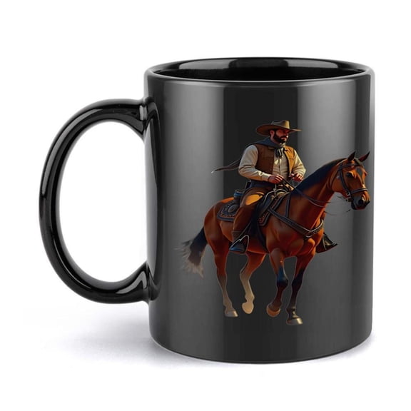 1pc Cowboy on Horseback 11oz Ceramic Mug Black with Detailed Western Art Design Holiday Birthday Christmas or Summer Gifts Cowboy Accessories