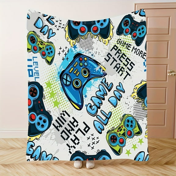 1pc of Cozy Cartoon Cool Video Game Controller Pattern Themed Printed Flannel Blanket, Fashionable, Soft And Warm, a Versatile Gift Printed Blanket Suitable for All Seasons