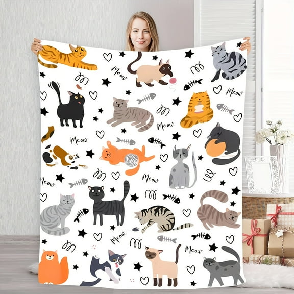 1pc Cozy Cat Cartoon Flannel Blanket – Soft, Warm, and Playful Design with Cute Kittens & Stars, Perfect for Naps, Camping, Travel, and Home Decor, Ideal Gift for Friends & Family
