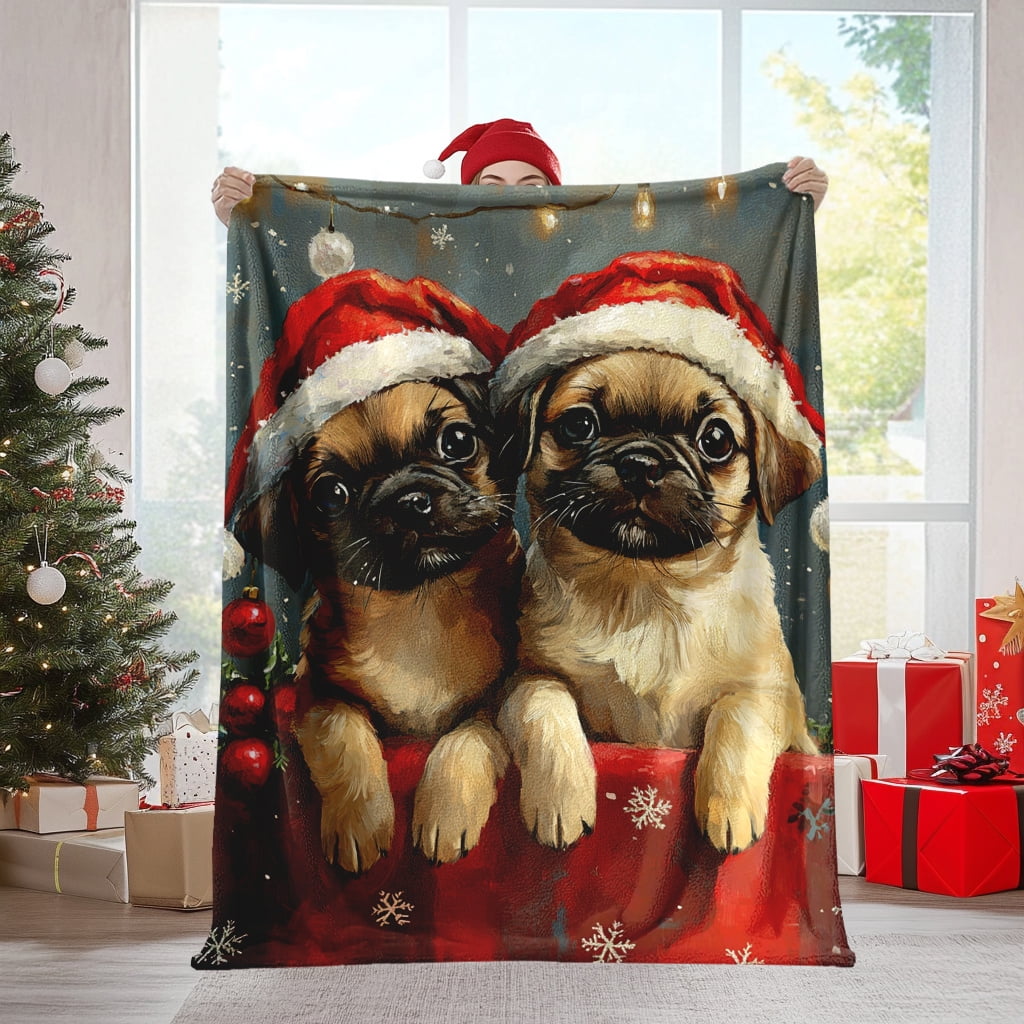 1pc Cozy Christmas Pug Dogs Flannel Blanket - All Seasons Fantasy Themed Soft Warm Quilted Throw with Digital Print, Machine Washable, Multipurpose for Napping, Camping, Travel, Office Decor