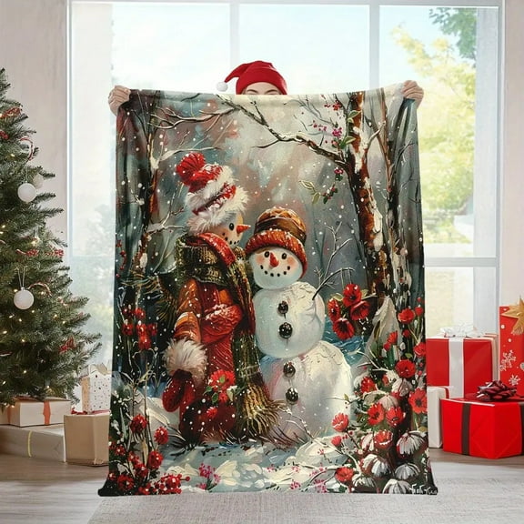 1pc Cozy Christmas Snowman Blanket – Soft Flannel with Festive Snowman & Floral Design, Perfect Holiday Gift for Home, Travel, Office Decor, and More, Christmas Blanket