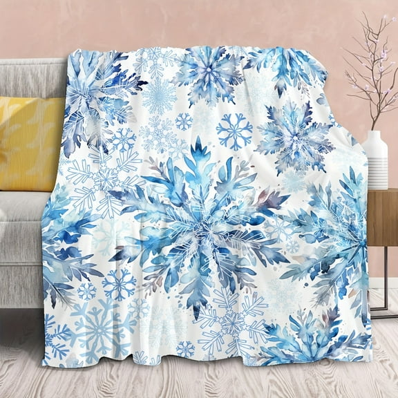 1pc Cozy Contemporary Blue Snowflake Print Flannel Throw Blanket - Soft, Warm, Lightweight, Machine Washable, All-Season Multipurpose Knitted Polyester Blanket for Sofa, Bed, Travel, Camping, Living
