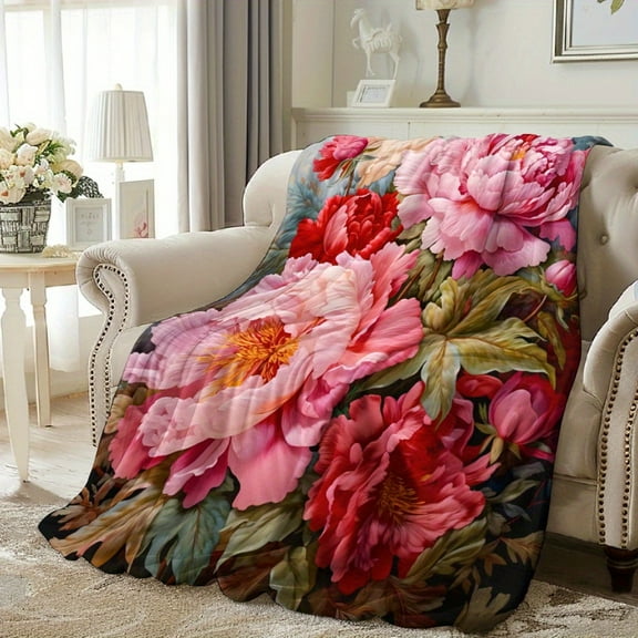 1pc Cozy Contemporary Peony Floral Print Flannel Blanket - All-Season Soft Warm Quilted Throw for Napping, Camping, Travel, Office, Home Decor