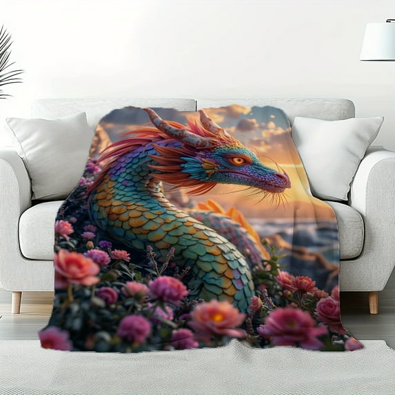 1pc Cozy Dreamy Rainbow Dragon Throw Blanket - Vibrant Flannel Fleece, Warm & Lightweight for Sofa, Couch, Office, Camping, and Travel - Ideal Gift for Fantasy Lovers
