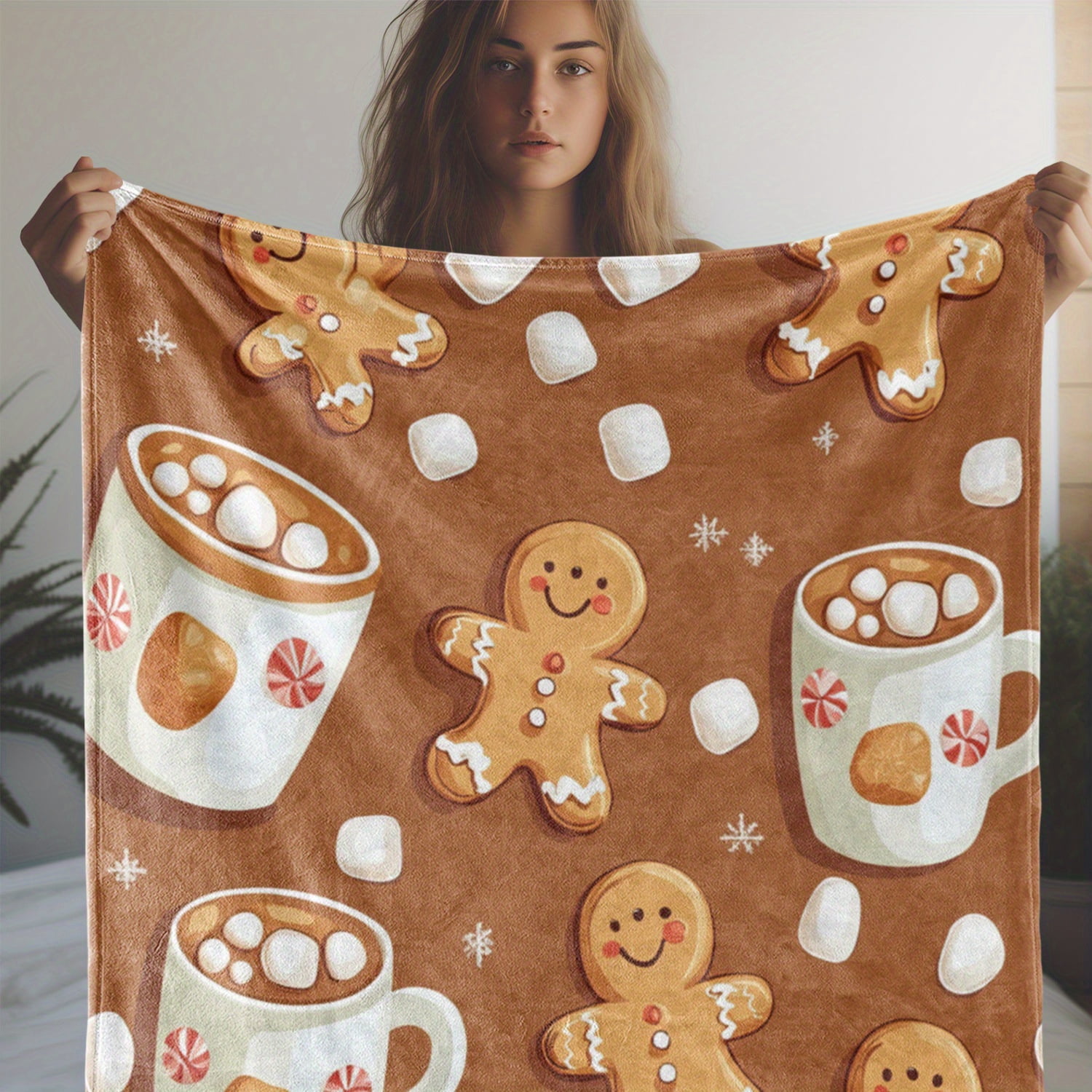 1pc Cozy Flannel Blanket - Festive Gingerbread Men & Hot Cocoa Print ...