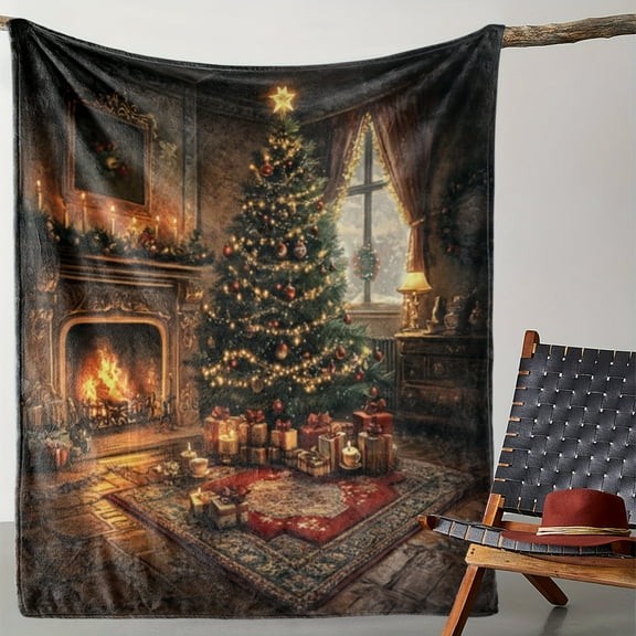 1pc Cozy Flannel Blanket - Vintage Christmas Fireplace & Tree Print, Soft Warm All-Season Throw for Sofa Bed Car Office Camping Travel, Festive Holiday Gift