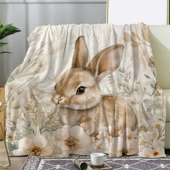 1pc Cozy Flannel Blanket with Adorable Bunny & Floral Easter Print – Soft, Warm, and Comfortable for Sofa, Bed, Car, Office, Camping, Travel