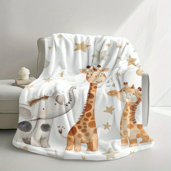 1pc Cozy Flannel Blanket with Adorable Elephant Giraffe and Star Patterns - Soft Warm Unforgettable Gift