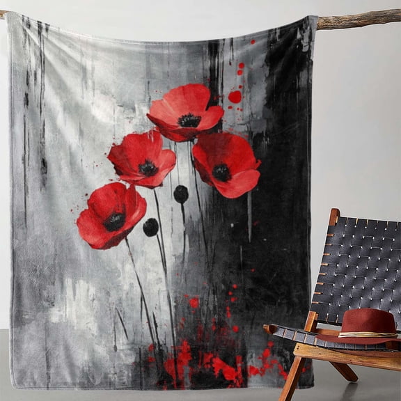 1pc Cozy Floral Watercolor Print Flannel Blanket – Soft, Warm, and Vibrant Red Poppy Design with Gray & Black Background – Perfect for Sofa, Bed, Car, Office, Camping