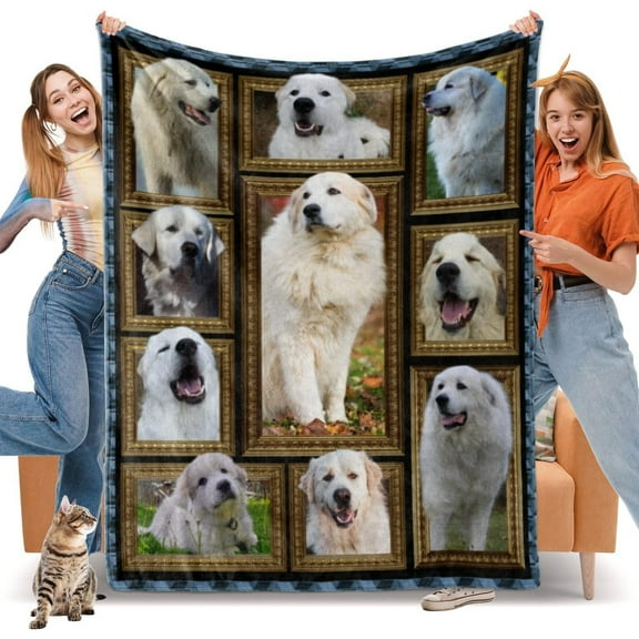 1pc Cozy Great Pyrenees Mountain Dog Blanket - Soft, Lightweight Flannel Throw with Vintage Golden Frame Design, Hypoallergenic & All-Season Comfort for Sofa & Living Room Decor, Ideal Gift for Dog L