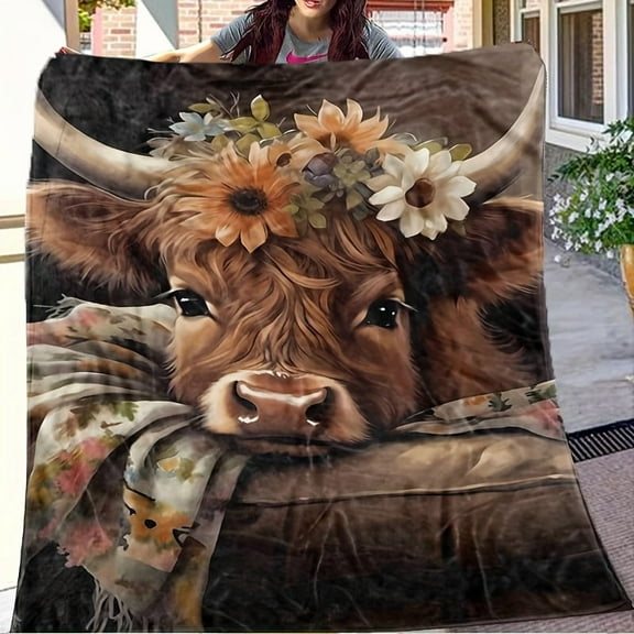 1pc Cozy Highland Cow Flannel Blanket - Soft & Warm, Ideal for Napping, Camping, Travel & Home Decor | Perfect Gift for Friends, Family & Loved Ones | Digital Print, Lightweight Polyester