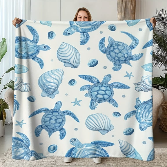 1pc Cozy Oceanic Turtle scape Printed Throw Blanket - Flannel All-Season Soft, Blue & White Fantasy Sea Turtle & Starfish Design for Bed, Couch, Office, Sofa, Travel