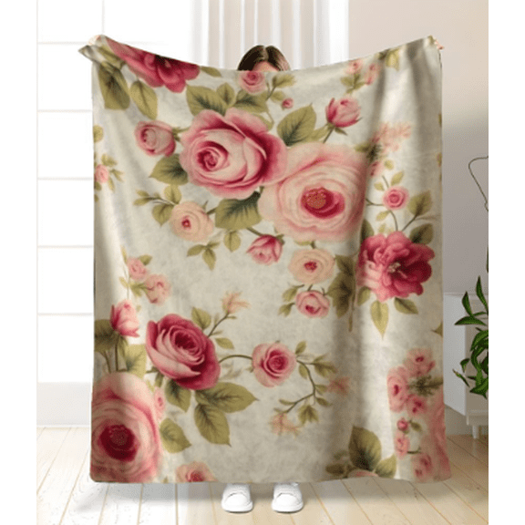 1pc Cozy Pink Roses Floral Flannel Throw Blanket, Vintage Design in Creamy Beige & Blush Tones, Soft Warm Bedspread in Twin/Full/Queen/King Sizes, Elegant Decor for Living Room Couch Chair