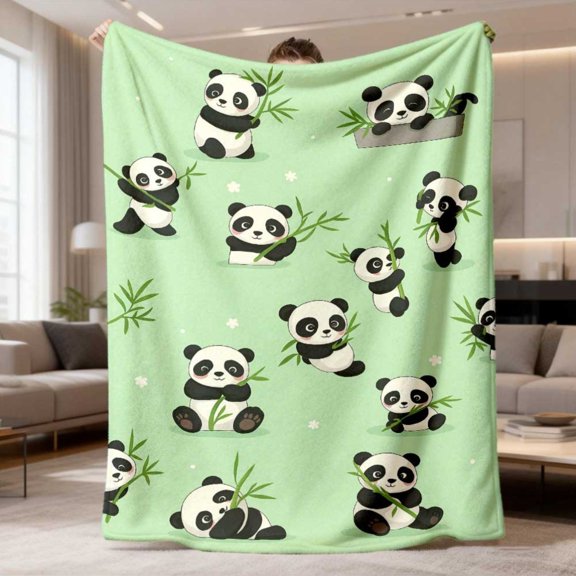 1pc Cozy Plush Playful Pandas Printed Throw Blanket Soft Flannel All Season 200 250g Cute Panda & Bamboo Design with Green Background Contemporary Style for Couch Bed Sofa Office & Travel