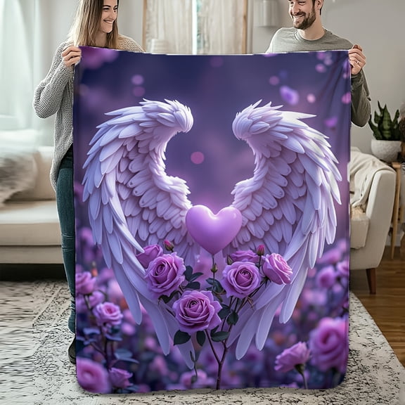 1pc Cozy Purple Angel Wings and Heart Printed Throw Blanket Soft and Versatile Blanket for Bed Couch Sofa Office and Travel Perfect Gift for Any Occasion