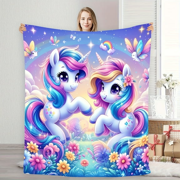 1pc Cozy Rainbow Unicorn & Little White Horse Cartoon Print Flannel Blanket – Soft, Warm, Tear-Resistant, Perfect Gift for Friends & Family, Ideal for Naps, Camping