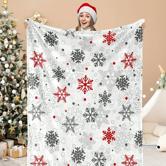 1pc Cozy Snowflake Christmas Throw Blanket - Soft Flannel, White with Red & Gray Design, Machine Washable - Ideal Gift for Family, Friends, and Colleagues, Versatile All-Season Sofa and Nap Blanket