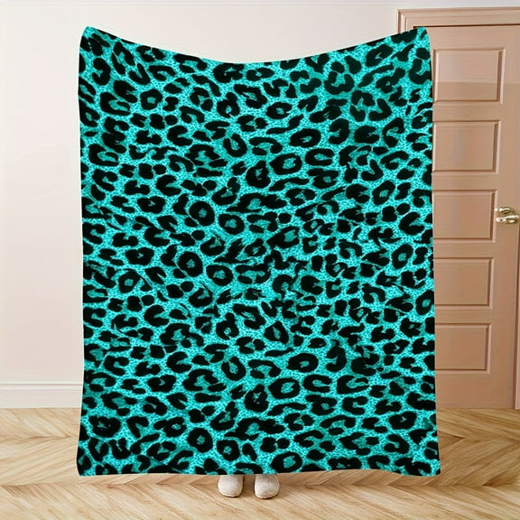 1pc Cozy Teal Leopard Print Flannel Blanket – Soft, Warm, and Stylish for Naps, Camping, Travel, and Home Decor | Perfect Gift for Friends & Family | All-Season Use | Machine Washable