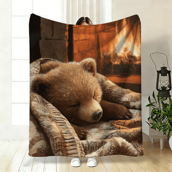 1pc Cozy Teddy Bear by Brown Fireplace Blanket - Soft Flannel Bedspread, Cute Sleeping Teddy Bears Fireplace Design, Lightweight All-Season Bedding for Sofa, Bed, Travel, Camping or Room Decor