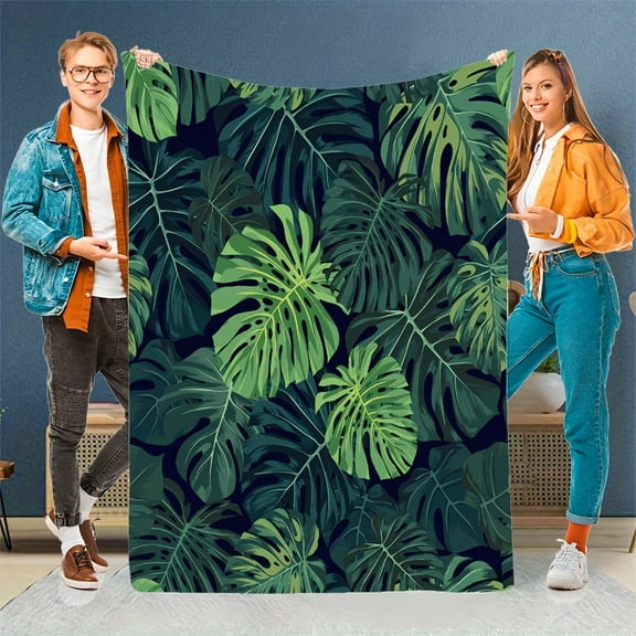 1pc Cozy Tropical Leaf Print Flannel Throw Blanket – Soft, Warm, and Stylish Green Foliage Design on Light Blue Background – Perfect for Couch, Bed, Office