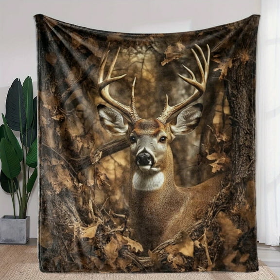 1pc Cozy Vintage Deer and Autumn Leaves Print Flannel Blanket – Soft, Warm, All-Season Throw for Sofa, Bed, Car, Office, Camping, and Travel