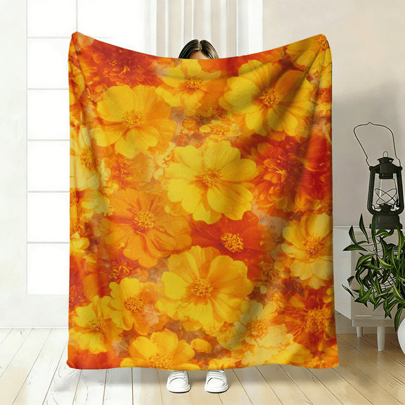 1pc Cozy Yellow Floral Flannel Throw Blanket Soft, Warm Versatile For Couch, Bed, Office, Camping All-Season Gift Idea, Polyester, Digital Print.