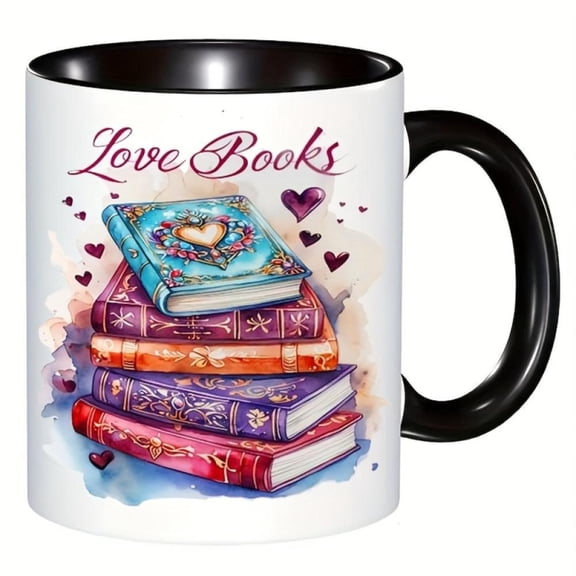 1pc CozyCup Insulated Ceramic Coffee Mug 11oz Love Books Design with Stacked Books Colorful Hearts Reusable Washable Book Lovers Readers Coffee Bar Accessories