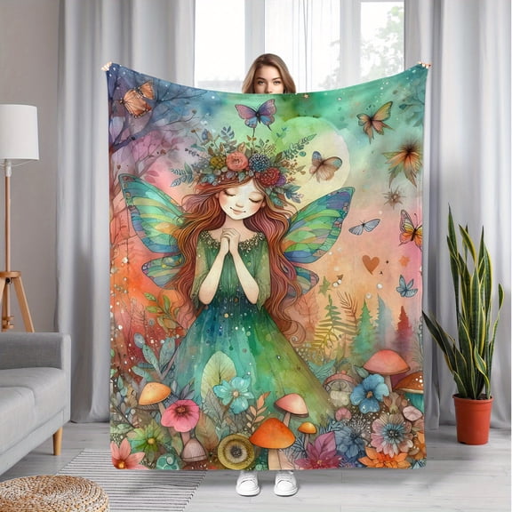1pc CozySoft Contemporary Style Digital Print Polyester Flannel Fleece Throw Blanket with Butterfly Floral and Fairy Design