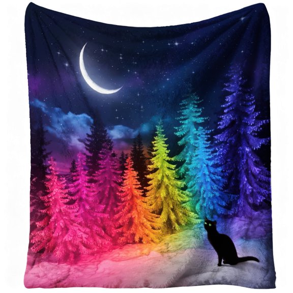 1pc Crescent Moon Cat & Rainbow Trees Flannel Blanket - Soft Warm 280gsm All-Season Bedspread with Mystic Forest Night Sky, Black Cat & Glowing