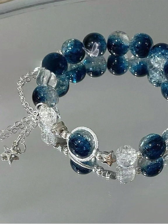 1pc Crescent Moon & Galaxy Pendant String Bracelet For Women (Pendant Tail Beads Random)