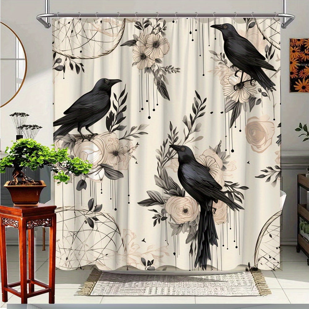 1pc Crow Theme Creative Polyester Shower Curtain Black Crow Floral And Dream Catcher Pattern for Halloween Decoration 72x72 inch